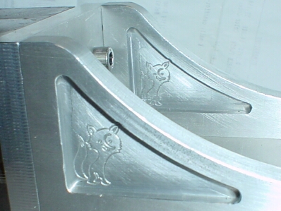 Gussets on C axis bracket with Fox Machine logo