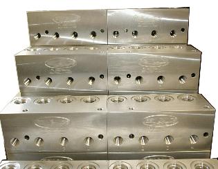 PRIVATE LABELED CUSTOM VALVE MANIFOLD FOR 4 THREADED CARTRIDGE VALVES (CUST. NAME REMOVED)